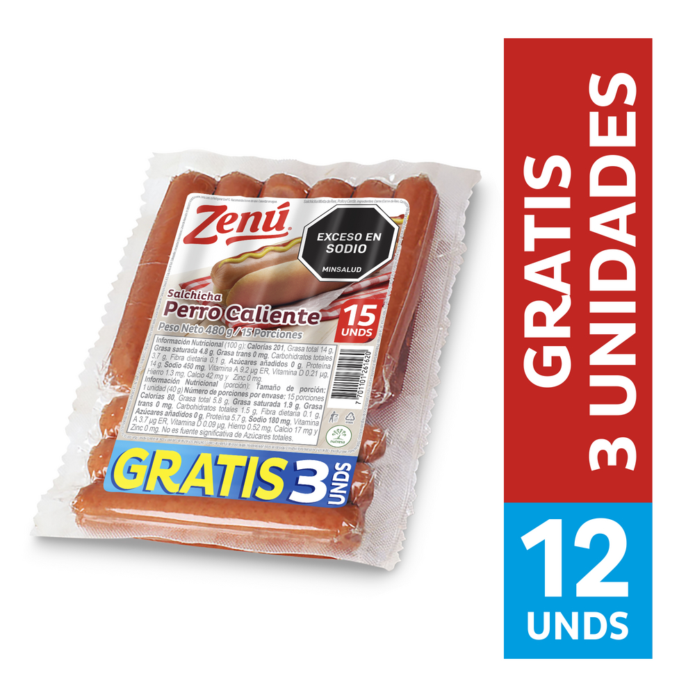 Salchicha Perro Caliente Zenú 480Gr Gratis 3 Unidades