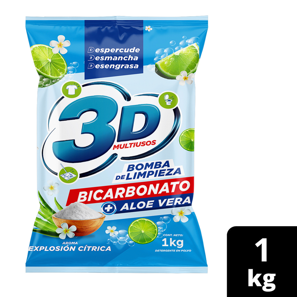 Detergente En Polvo 3D Multiusos Bicarbonato Eucalipto + Aloe Vera 1Kg