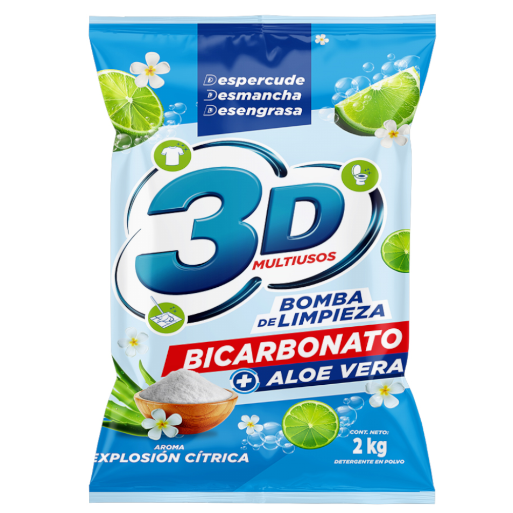 Detergente En Polvo 3D Multiusos Bicarbonato Eucalipto + Aloe Vera 2Kg