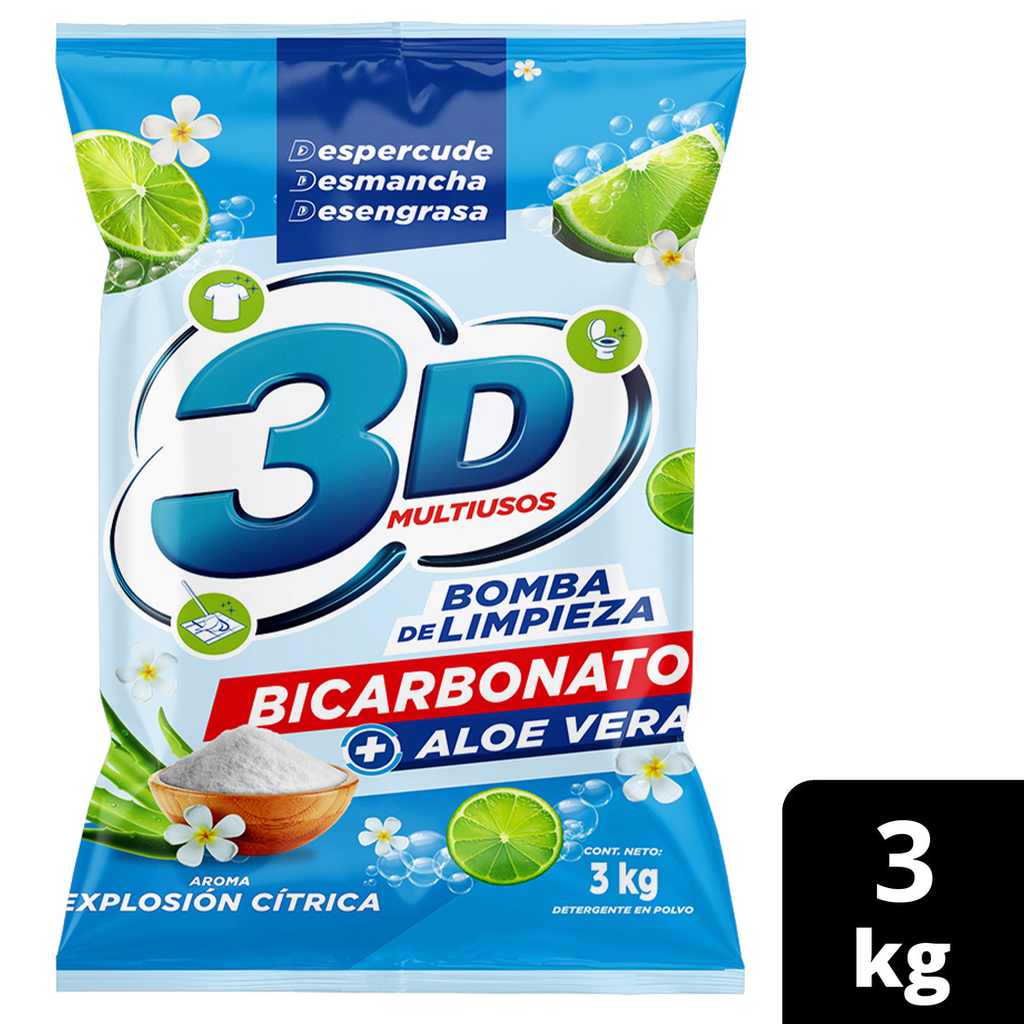 Detergente En Polvo 3D Multiusos Bicarbonato Eucalipto + Aloe Vera 3Kg