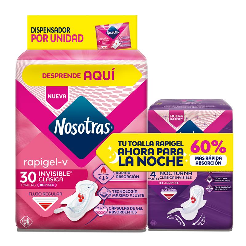 Toallas Higienicas Nosotras Invisible Rapigel-V 30Unidades + 4 Toallas Nocturnas
