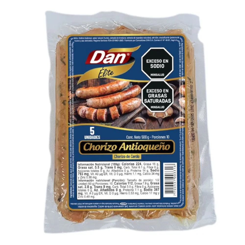 Chorizo Antioqueño De Cerdo Dan 500Gr 5 Unidades