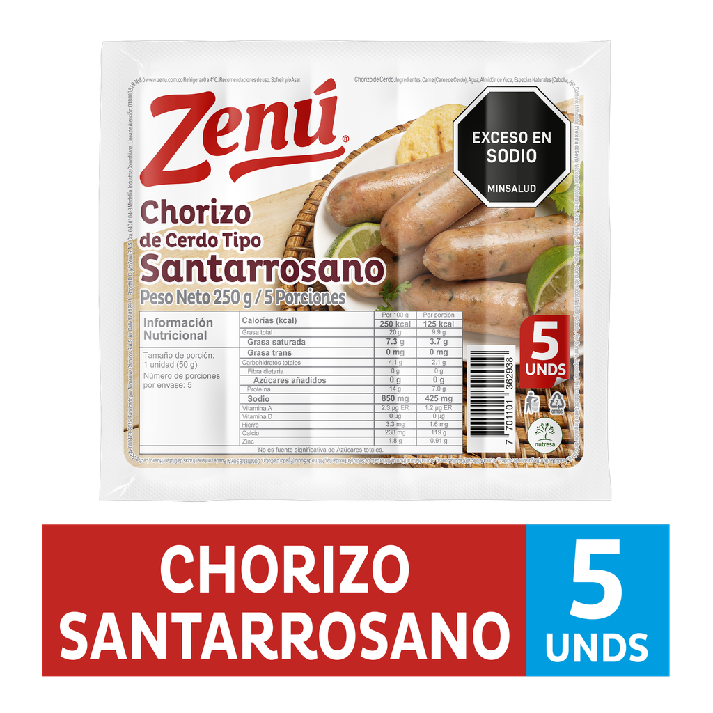 Chorizo Santarrosano Zenú 5 Unidades 250Gr