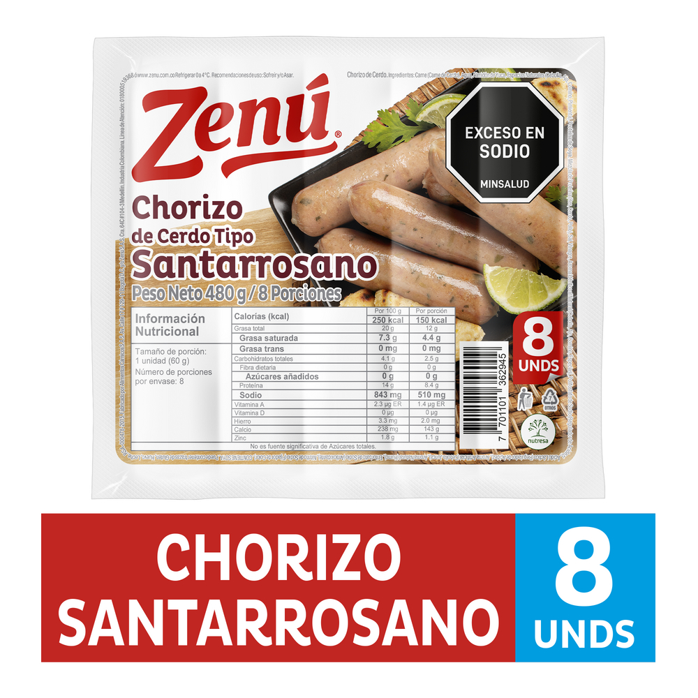 Chorizo Santarrosano Zenú 8 Unidades 480Gr