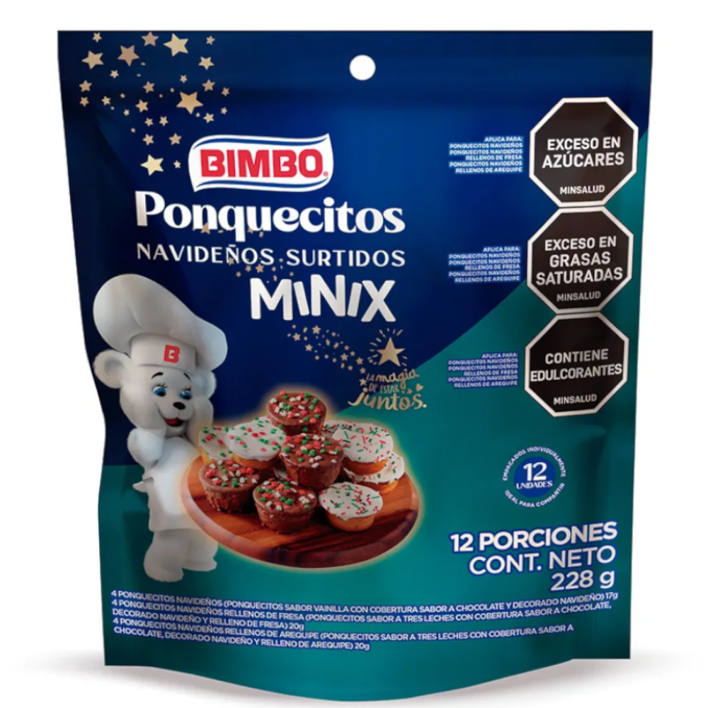 Ponquecitos Bimbo Navideños Surtidos Minix 228Gr 12 Unidades