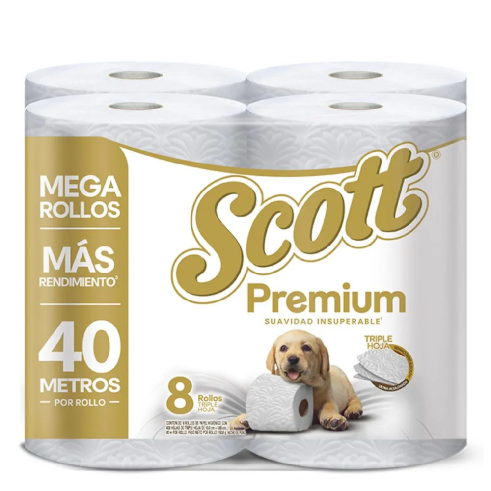Papel Higiénico Scott Premium Mega  Rollos Triple Hoja 8 Unidades