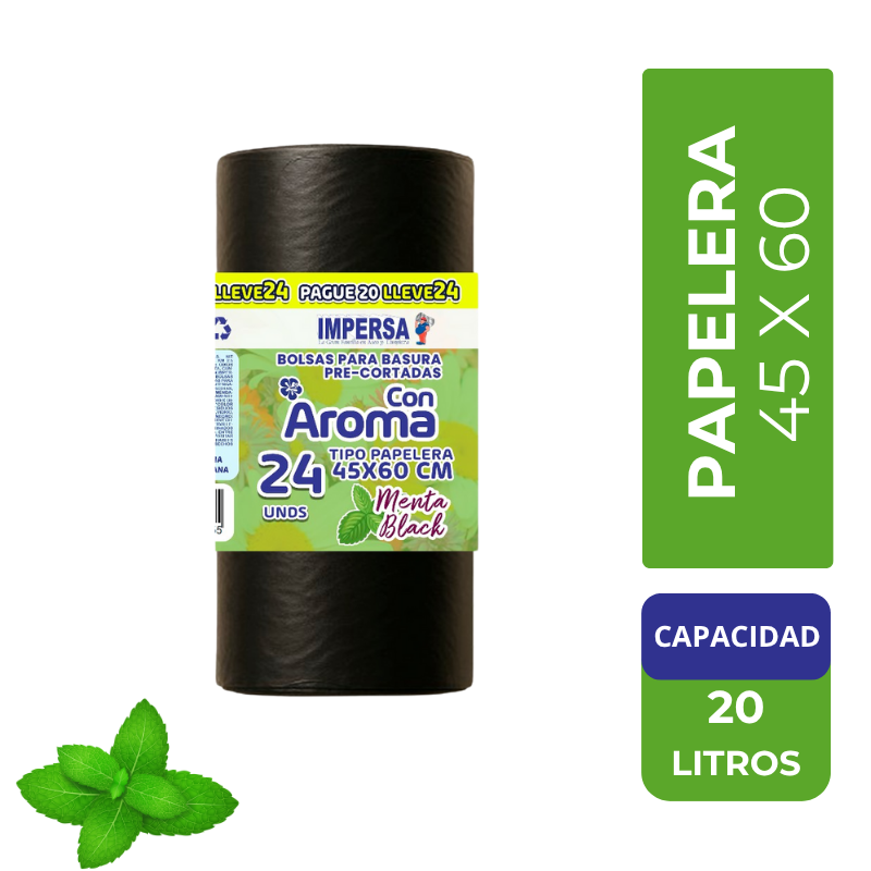 Bolsa Basura Impersa 45x60cm Tipo Papelera Negra Aroma Menta Black Pague 20 LLeve 24