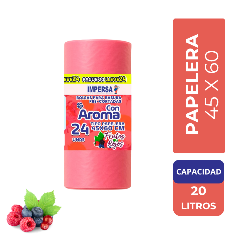 Bolsa Basura Impersa 45x60cm Tipo Papelera Rosada Frutos Rojos Pague 20 LLeve 24