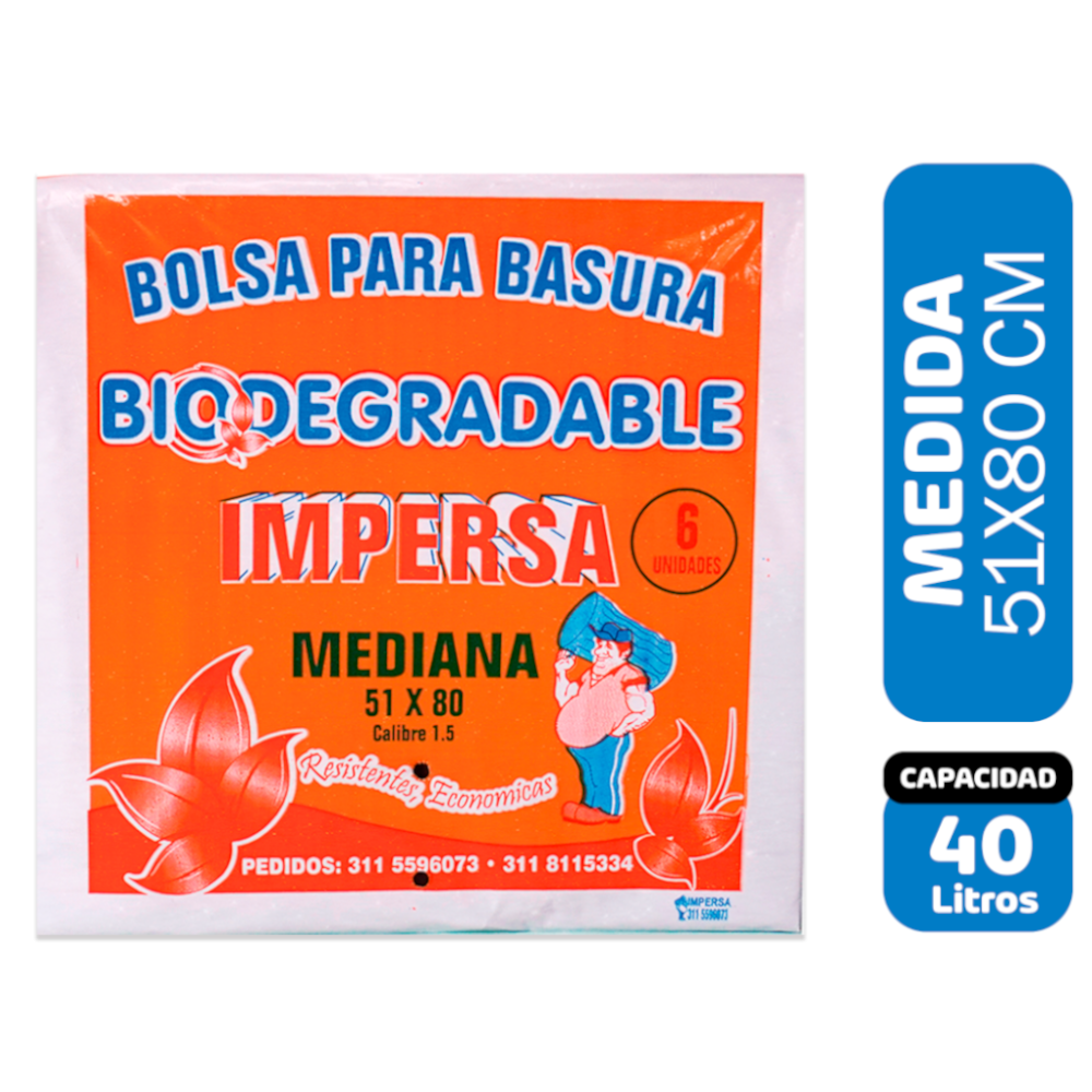 Bolsa Basura Impersa  Biodegradable Mediana 51x80cm 6 Unidades