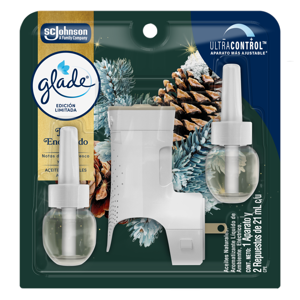 Ambientador Glade Aceites Naturales Pino Y Cedro Navidad Repuesto 21Ml 2 Unidades + Unidad Eléctrica