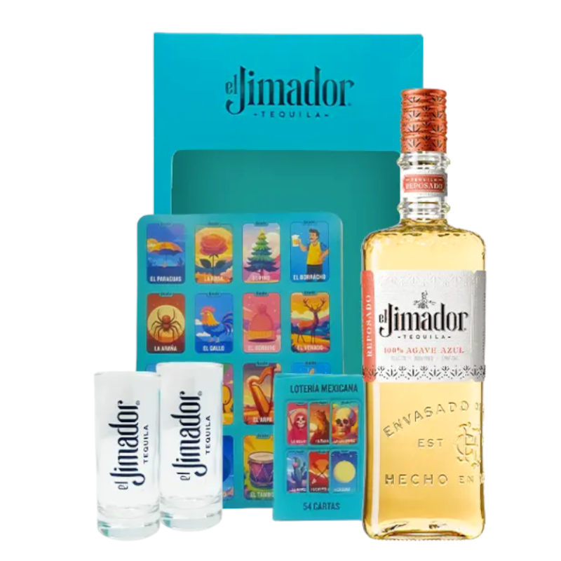 Estuche Tequila Jimador Reposado 100% Agave 700Ml + Loteria Mexicana + 2 Shot