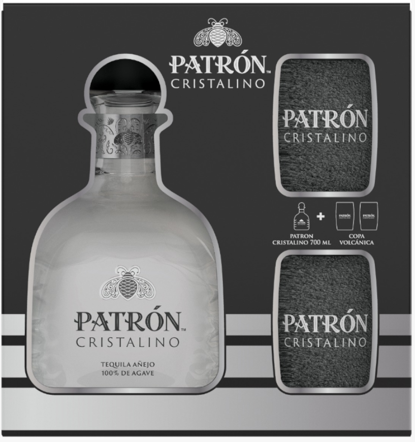 Estuche Tequila Patrón  Cristalino Añejo 100% Agave  Botella 700Ml + 2 Copas Volcánica