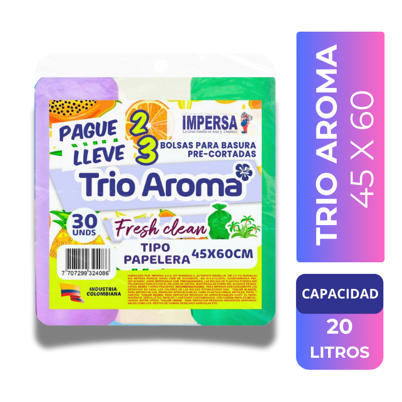 Bolsa Basura Impersa 45x60cm Trio Aroma 30 Unidades Pague 2 LLeve 3