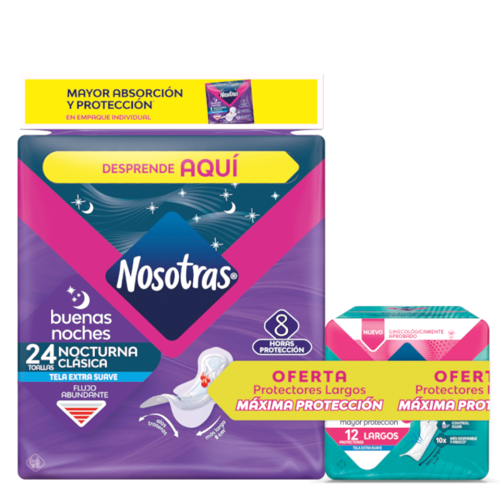 Toallas Higiénicas Nosotras Buenas Noches Nocturna Clásica 24 Unidades + Protectores Largos 12 Unidades