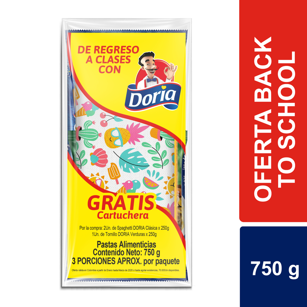 Spaghetti Doria 250Gr 2 Unidades  + Tornillos Doria Verduras 250Gr Gratis Cartuchera