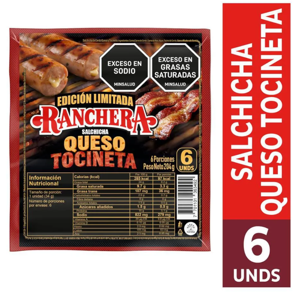 Salchicha Ranchera Queso Tocineta Edición Limitada 204Gr