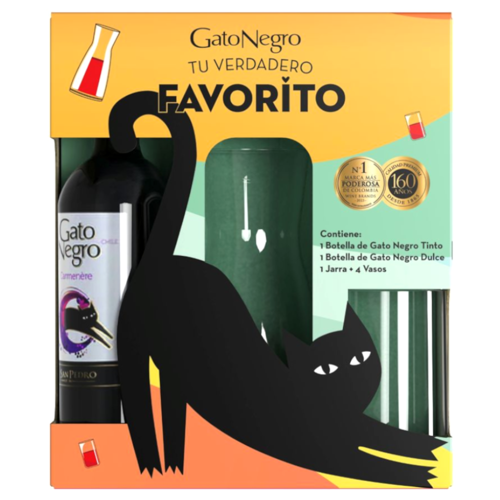 Vino Gato Negro Tinto 750Ml + Vino Dulce 750Ml + 1 Jarra + 4 Vasos