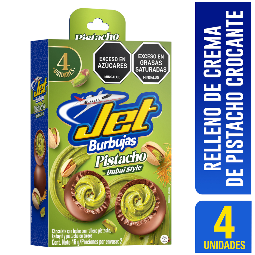 Burbujas Jet Pistacho Dubai Style Relleno Crema Pistacho Crocante  46Gr 4 Unidades