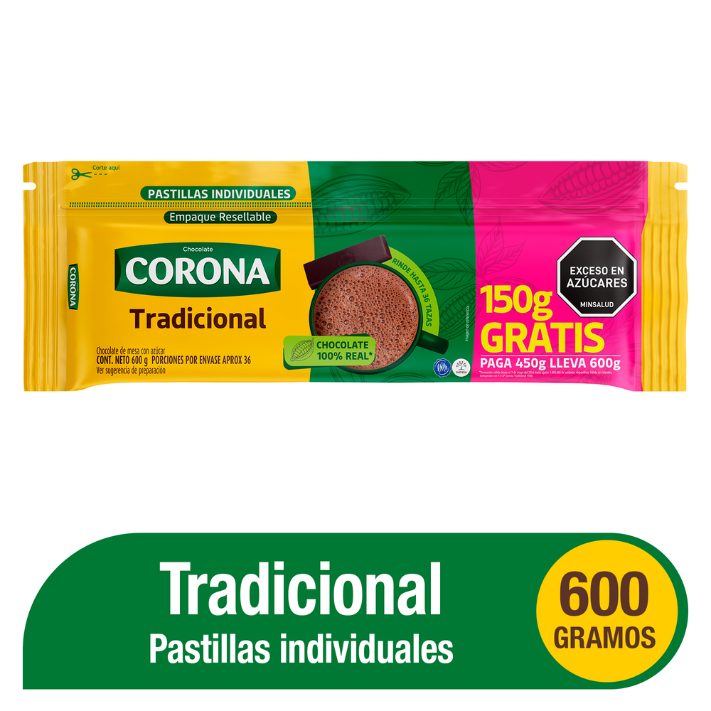 Chocolate Corona Tradicional Pague 450Gr Lleve 600Gr