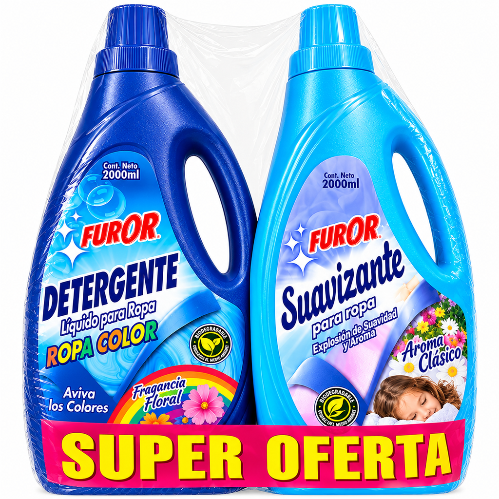 Detergente Líquido Furor Ropa Color 2000Ml + Suavizante Furor 2000Ml