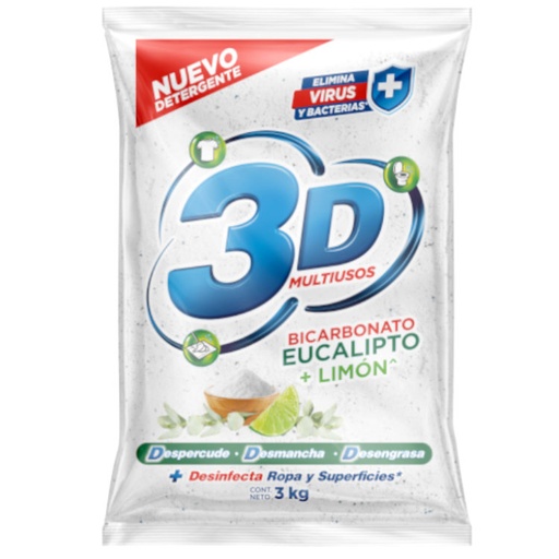 [053335] Detergente En Polvo 3D Multiusos Bicarbonato Eucalipto Y Limón 3000Gr