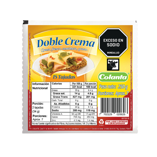 [050754] Queso Doble Crema Colanta Tajado 250Gr