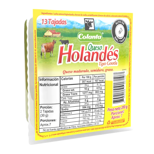 [001211] Queso Holandés Colanta Tajado 13 Unidades 200Gr