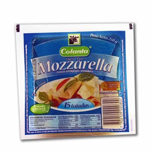 [001209] Queso Mozzarella Colanta Tajado 15 Unidades 250Gr