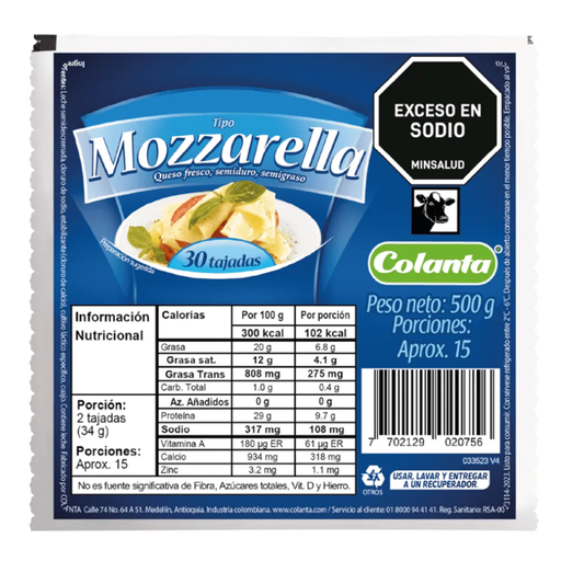 [001213] Queso Mozzarella Colanta Tajado 30 Unidades 500Gr
