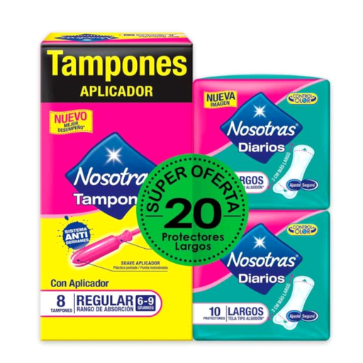 [050208] Tampon Nosotras Aplicador Regular 8 Unidades + Protectores 20 Unidades