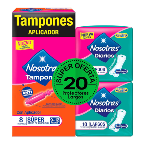 [050209] Tampon Nosotras Aplicador Super 8 Unidades + Protectores 20 Unidades