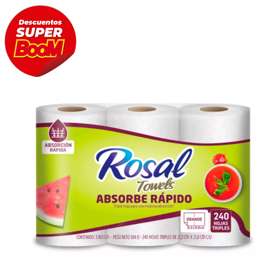 [014049] Toallas Cocina Rosal Absorbe Rápido 3 Unidades 240 Hojas
