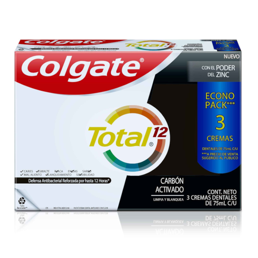 [054709] Crema Dental Colgate Total 12 Carbón Activado 3 Unidades 225Ml