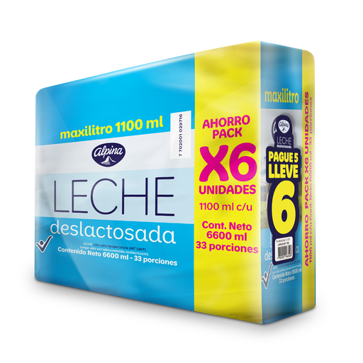 [054778] Leche UHT Alpina  Deslactosada Semidescremada Bolsa 1100Ml  Pague 5 LLeve 6