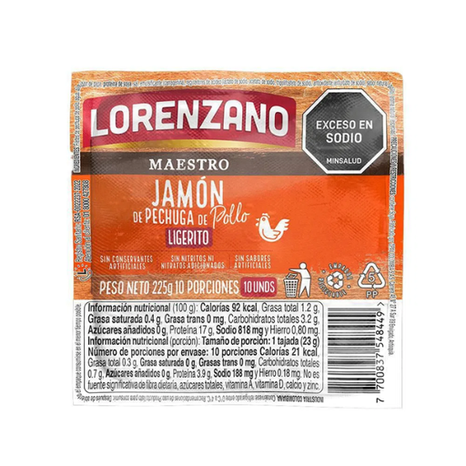 [054983] Jamón Pechuga Pollo Lorenzano 10 Unidades 225Gr