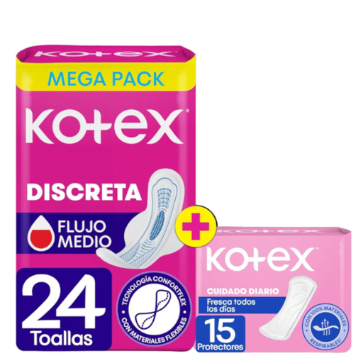 [046712] Toallas Higiénicas Kotex Discreta Extra Suave 24 Unidades + 15 Protectores