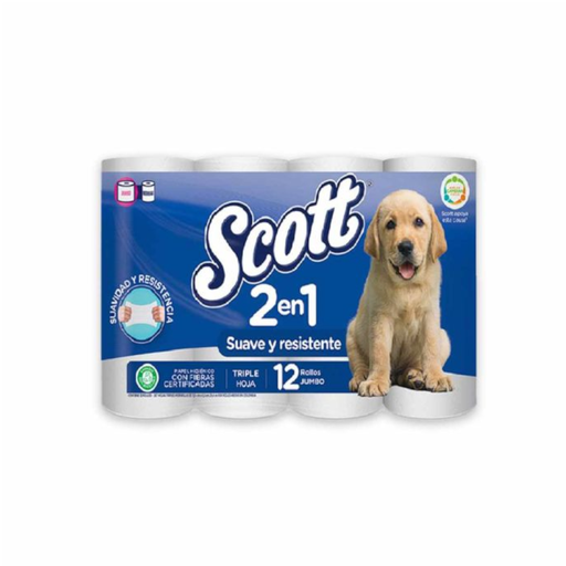 [055545] Papel Higiénico Scott 2En1 Suave Y Resistente Triple Hoja 12 Unidades