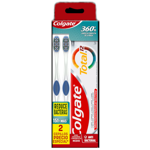 [055894] Cepillo Dental Colgate 360 Medio 2 Unidades + Crema Dental