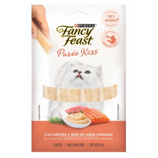 [056161] Snack Gato Fancy Feast Purée Kiss Con Salmón Y  Atún En Salsa Cremosa 40Gr