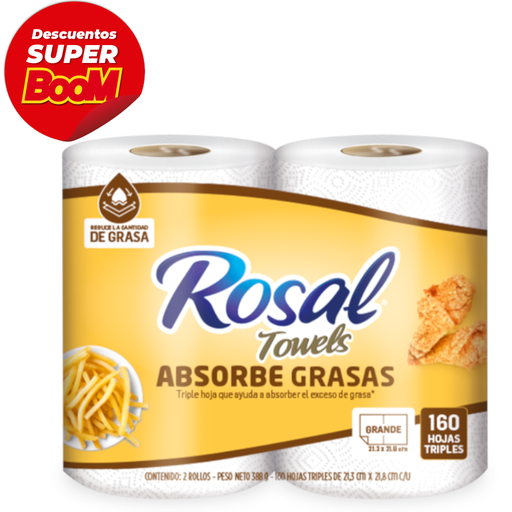 [056163] Toallas Cocina Rosal Towels Absorbe Grasas 2 Unidad 160 Hojas