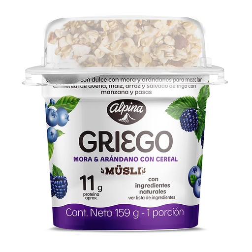 [056168] Yogurt Griego Alpina Mora y Arándanos Con Cereal 159Gr