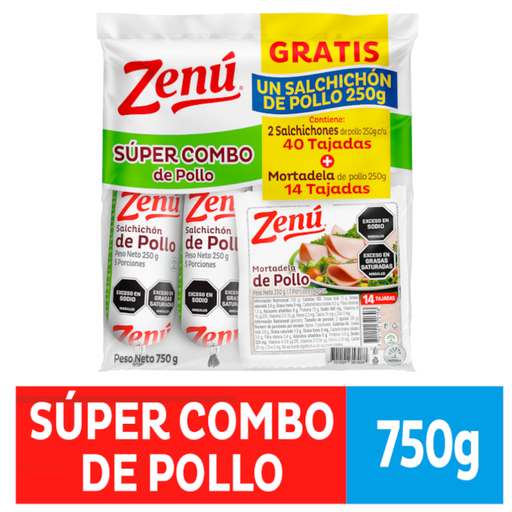 [056272] Combo  Zenu Salchichón Pollo 250Gr + Mortadela Pollo 250Gr Gratis Salchichón Pollo 250Gr