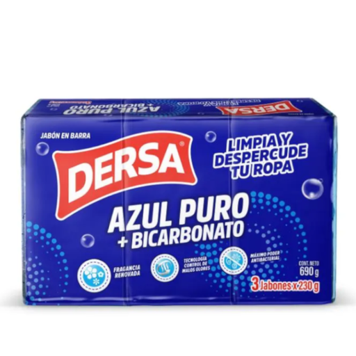 [056455] Jabón Dersa Azul Puro + Bicarbonato Barra  230Gr 3 Unidades