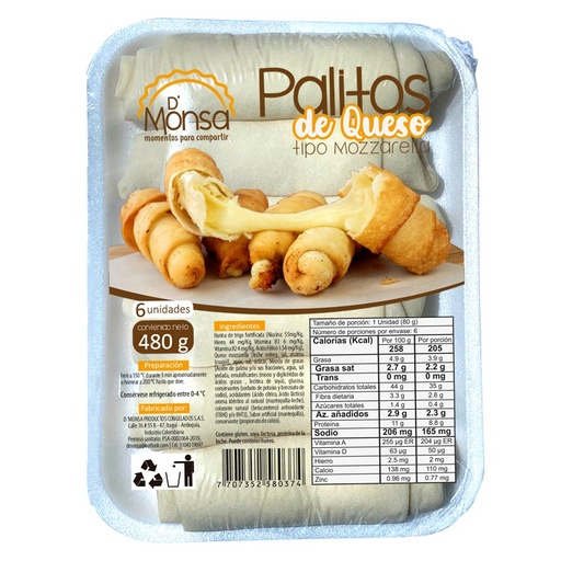 [056645] Palitos De Queso Tipo Mozzarella D'Monsa 6 Unidades 480Gr