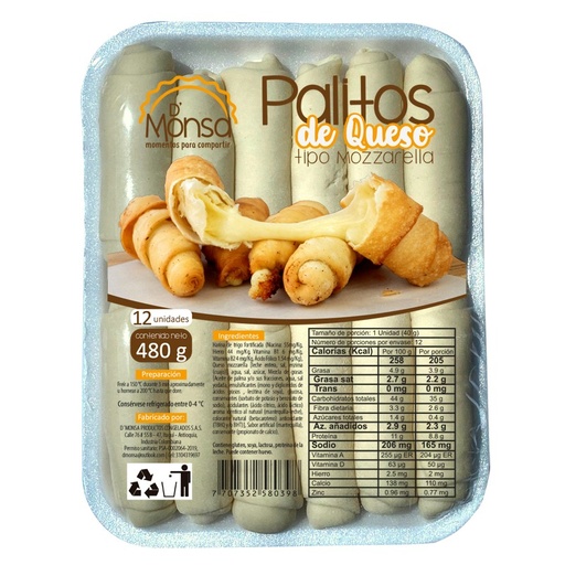 [056646] Palitos De Queso Tipo Mozzarella D'Monsa 12 Unidades 480Gr
