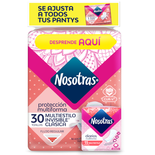 [056518] Toallas Higienicas Nosotras MultiestiIo Invisible Clásica 30 Unidades + 15 Protectores Multiestilo