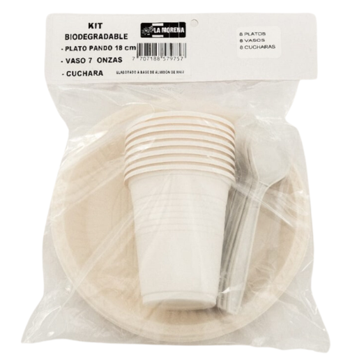 [056672] Kit Biodegradable La Morena 8 Vasos + 8 Platos + 8 Cucharas