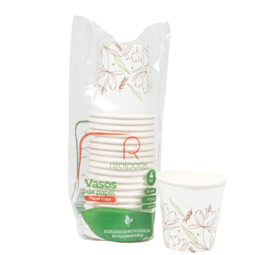 [056740] Vaso De Papel  Blanco Biodegradable Realpack  Diseño Hojas 4 Onz 20 Unidades