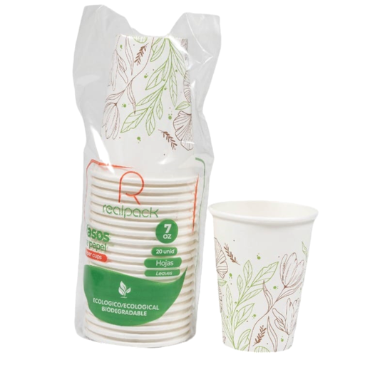 [056741] Vaso De Papel  Blanco Biodegradable Realpack  Diseño Hojas 7 Onz 20 Unidades