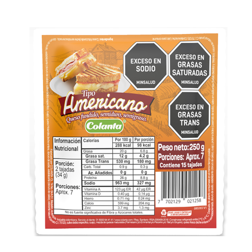 [056845] Queso Colanta Tipo Americano Tajado 250Gr